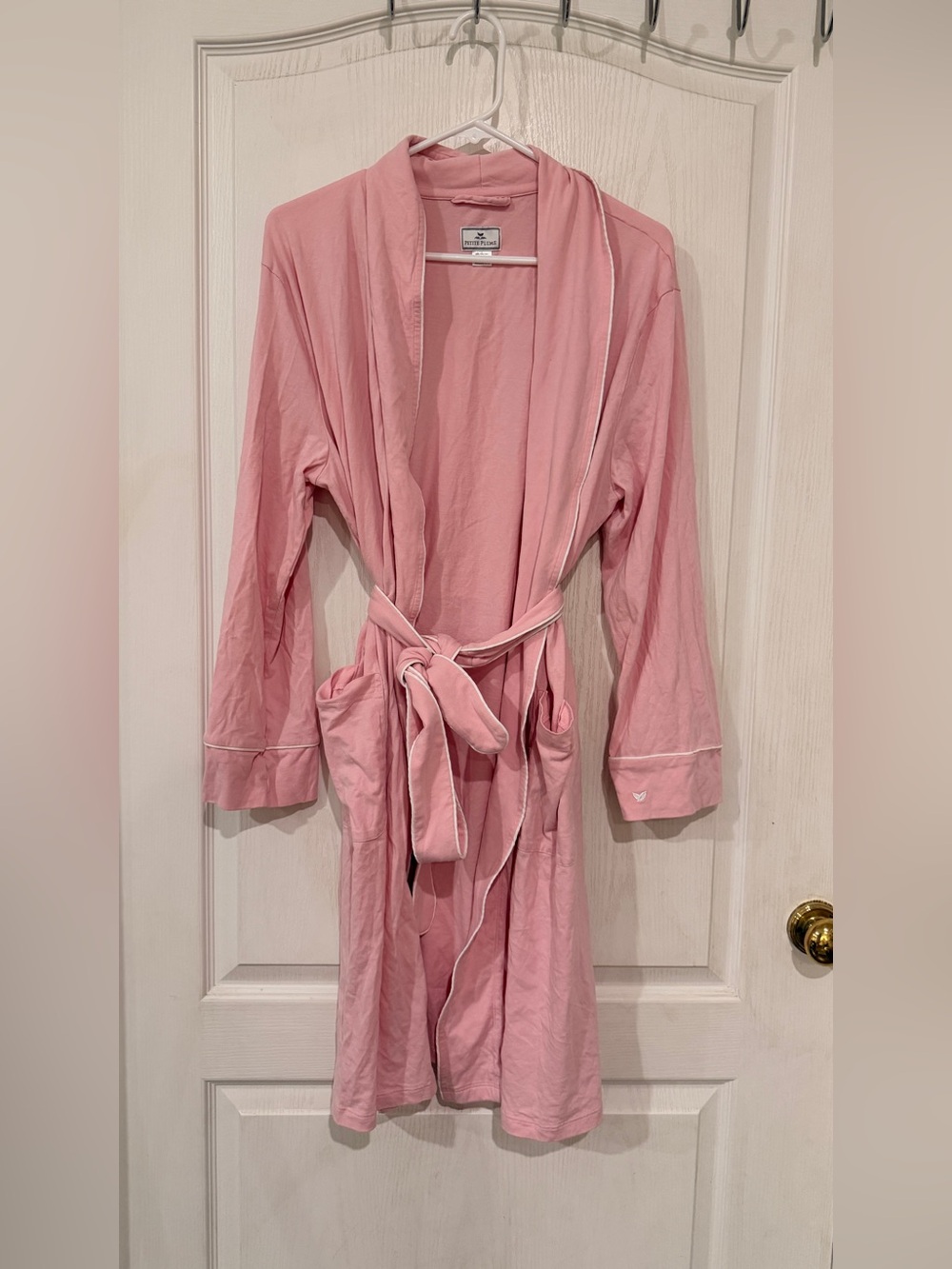 Petite Plume Light Pink Shawl Collar Robe with White Piping